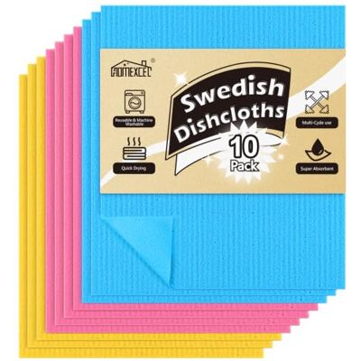 HOMEXCEL Paños de cocina suecos para cocina, paquete de 10 paños de esponja para encimeras y lavar platos, toallas de papel reutilizables y absorbentes, 3 colores surtidos HOMEXCEL Paños de cocina suecos para cocina, paquete de 10 paños de esponja para encimeras y lavar platos, toallas de papel reutilizables y absorbentes, 3 colores surtidos