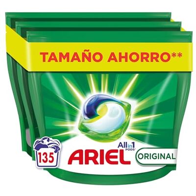 Ariel All-in-One Detergente Lavadora Liquido en Capsulas/Pastillas, 135 Lavados (3x45), Original, Jabon 5 Acciones para una Limpieza Brillante en Frio, 135 Unidad (Paquete de 1) Ariel All-in-One Detergente Lavadora Liquido en Capsulas/Pastillas, 135 Lavados (3x45), Original, Jabon 5 Acciones para una Limpieza Brillante en Frio, 135 Unidad (Paquete de 1)