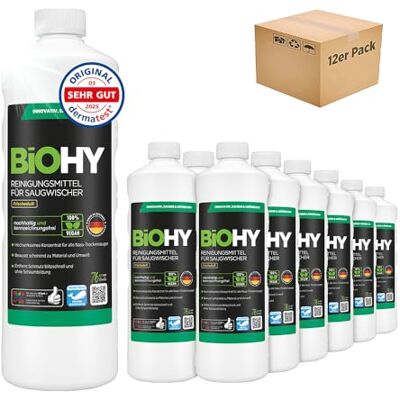 BIOHY Agente de limpieza para limpiaparabrisas de succión (12 botellas de 1 litro) Concentrado 1:200 para los aspiradores en húmedo baldosas, PVC, parquet y laminado (Saugwischer) BIOHY Agente de limpieza para limpiaparabrisas de succión (12 botellas de 1 litro) Concentrado 1:200 para los aspiradores en húmedo baldosas, PVC, parquet y laminado (Saugwischer)