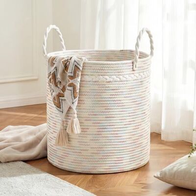 COSYLAND Cesto de Ropa Sucia de Cuerda de Algodón D40 x H40 cm – Cesta para la Ropa Sucia con Asas – Cesto Plegable para Mantas, Juguetes y Lavandería – Blanco Crema con Patrón Multicolor COSYLAND Cesto de Ropa Sucia de Cuerda de Algodón D40 x H40 cm – Cesta para la Ropa Sucia con Asas – Cesto Plegable para Mantas, Juguetes y Lavandería – Blanco Crema con Patrón Multicolor