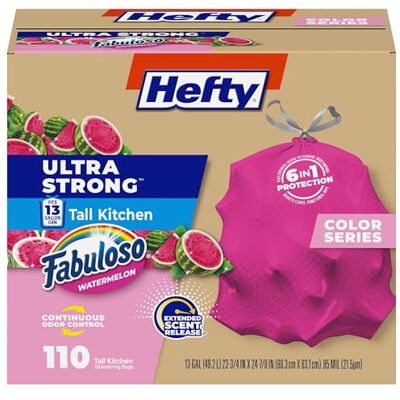 Hefty Bolsas de basura ultra fuertes de 13 galones, bolsas de basura altas de cocina de 13 galones, resisten fugas, pinchazos y rasgaduras, control continuo de olores, rosa, fabuloso aroma a sandía Hefty Bolsas de basura ultra fuertes de 13 galones, bolsas de basura altas de cocina de 13 galones, resisten fugas, pinchazos y rasgaduras, control continuo de olores, rosa, fabuloso aroma a sandía
