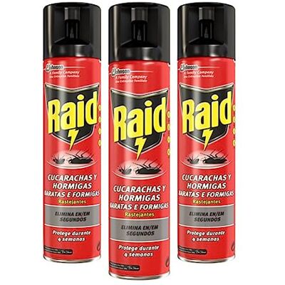 Raid Spray Insecticida Aerosol para Cucarachas, Hormigas y Chinches, Protege durante 4 semanas, Acción fulminante, en apenas segundos, Pack de 3 Unidades x 400 ml Raid Spray Insecticida Aerosol para Cucarachas, Hormigas y Chinches, Protege durante 4 semanas, Acción fulminante, en apenas segundos, Pack de 3 Unidades x 400 ml