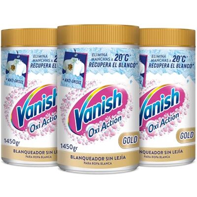Vanish Oxi Action Gold Quitamanchas multibeneficio, blanqueador y potenciador del lavado, para ropa blanca, En Polvo, sin lejía Pack 4,35kg (3x1450gr) Vanish Oxi Action Gold Quitamanchas multibeneficio, blanqueador y potenciador del lavado, para ropa blanca, En Polvo, sin lejía Pack 4,35kg (3x1450gr)