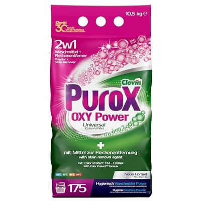 Clovin Purox Purox OXY Power Detergente en polvo universal en bolsa de aluminio, detergente en polvo potente, detergente para todo tipo de tejidos, elimina manchas, protege contra la cal, 10,5 kg Clovin Purox Purox OXY Power Detergente en polvo universal en bolsa de aluminio, detergente en polvo potente, detergente para todo tipo de tejidos, elimina manchas, protege contra la cal, 10,5 kg