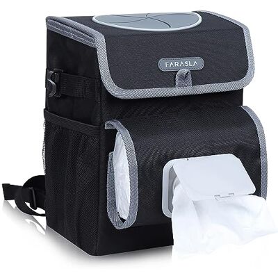 Farasla Cubo de basura todo en uno para automóvil con 2 forros interiores extraíbles a prueba de fugas, soporte ajustable para pañuelos y correas Farasla Cubo de basura todo en uno para automóvil con 2 forros interiores extraíbles a prueba de fugas, soporte ajustable para pañuelos y correas