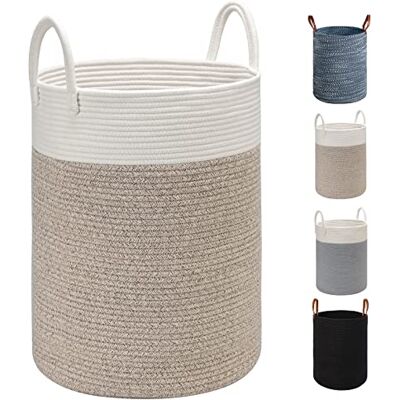 TOTANKI Cesto para la colada grande de cuerda de algodón, 40 cm de profundidad x 50 cm de alto, cesta tejida plegable con asas de cuero para guardar ropa, pañales, juguetes (blanco/marrón) TOTANKI Cesto para la colada grande de cuerda de algodón, 40 cm de profundidad x 50 cm de alto, cesta tejida plegable con asas de cuero para guardar ropa, pañales, juguetes (blanco/marrón)