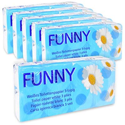 Funny Papel higiénico (3 capas, 150 hojas, 6 paquetes de 8 rollos), color blanco brillante Funny Papel higiénico (3 capas, 150 hojas, 6 paquetes de 8 rollos), color blanco brillante