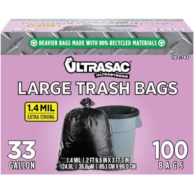 ULTRASAC Aluf Plastics Bolsa de basura de alta resistencia profesional (capacidad de 33 galones, 99 cm de largo x 83 cm de ancho, tamaño grande, 100 unidades), color negro ULTRASAC Aluf Plastics Bolsa de basura de alta resistencia profesional (capacidad de 33 galones, 99 cm de largo x 83 cm de ancho, tamaño grande, 100 unidades), color negro