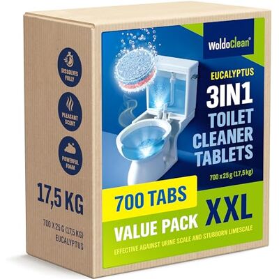 WoldoClean Pastillas de inodoro 3 en 1, eucalipto, 700 x 25 g, pastillas limpiadoras contra cal y piedra de orina para instalaciones sanitarias, urinarios y desagües WoldoClean Pastillas de inodoro 3 en 1, eucalipto, 700 x 25 g, pastillas limpiadoras contra cal y piedra de orina para instalaciones sanitarias, urinarios y desagües