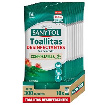 Sanytol Toallitas Desinfectantes Multiusos Eucalipto Pack 10 x 30 Uds Limpieza y Desinfección Fácil, Cómoda y Rápida, Sin Lejía, Sin Aclarado, Sin Bayeta, Apto todas las Superfices, Compostables Sanytol Toallitas Desinfectantes Multiusos Eucalipto Pack 10 x 30 Uds Limpieza y Desinfección Fácil, Cómoda y Rápida, Sin Lejía, Sin Aclarado, Sin Bayeta, Apto todas las Superfices, Compostables