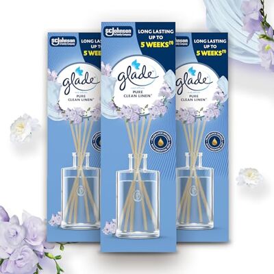 Glade Ambientador Mikado con Varillas Clean Linen, Dura Hasta 15 Semanas, Con Aceites Esenciales, Pack 3 Difusores 3x50ml Glade Ambientador Mikado con Varillas Clean Linen, Dura Hasta 15 Semanas, Con Aceites Esenciales, Pack 3 Difusores 3x50ml