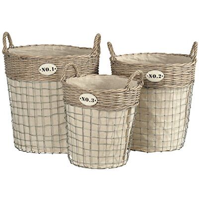 Premier LIDA Juego de 3 Cestas para la Ropa Sucia Redondo Par Aplicado Algodón, Tejido y Metal/Willow-Natural Premier LIDA Juego de 3 Cestas para la Ropa Sucia Redondo Par Aplicado Algodón, Tejido y Metal/Willow-Natural
