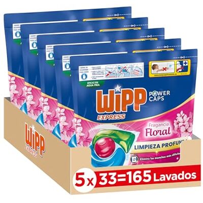 Wipp Express Power Caps Detergente Floral en Cápsulas para Lavadora, Pack de 5, Total 165 Dosis, Limpieza Profunda, Eficaz en Agua Fría Wipp Express Power Caps Detergente Floral en Cápsulas para Lavadora, Pack de 5, Total 165 Dosis, Limpieza Profunda, Eficaz en Agua Fría