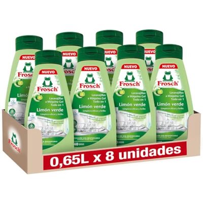 Frosch Gel Lavavajillas a Máquina, Todo en 1 con Limón Verde, Limpieza y Brillo, Sin Microplásticos Ni Componente Animal, 40 Dosis Pack de 8 x 650 ml Frosch Gel Lavavajillas a Máquina, Todo en 1 con Limón Verde, Limpieza y Brillo, Sin Microplásticos Ni Componente Animal, 40 Dosis Pack de 8 x 650 ml