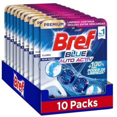 Bref Blue Activ Cloro (10 unidades), limpia baño con fórmula 4 en 1, cesta higiénica y protectora para inodoro con tecnología Odor Stop, limpiador baño con acción antical Bref Blue Activ Cloro (10 unidades), limpia baño con fórmula 4 en 1, cesta higiénica y protectora para inodoro con tecnología Odor Stop, limpiador baño con acción antical
