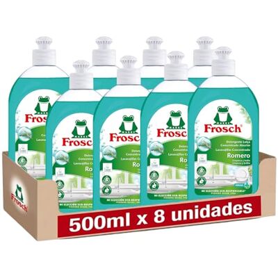 Frosch Lavavajillas a Mano Líquido Concentrado Ecológico Romero, Limpieza e higiene eficaz, PH Neutro Pack 8x500ml Frosch Lavavajillas a Mano Líquido Concentrado Ecológico Romero, Limpieza e higiene eficaz, PH Neutro Pack 8x500ml