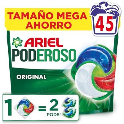Ariel Pods PODEROSO Detergente lavadora capsulas 45 Lavados Original POD GRANDE = 2 PODS 2X eliminación de manchas y olores Ariel Pods PODEROSO Detergente lavadora capsulas 45 Lavados Original POD GRANDE = 2 PODS 2X eliminación de manchas y olores
