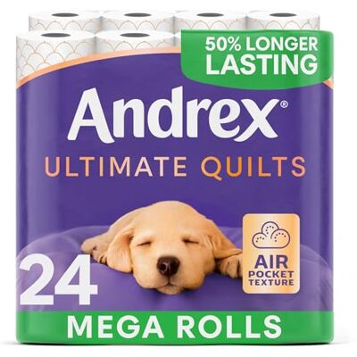Andrex Ultimate Quilts 24 rollos de papel higiénico mega = 36 rollos de papel higiénico estándar, papel 50% más duradero, tecnología Air Pocket para hojas suaves y gruesas, certificado FSC Andrex Ultimate Quilts 24 rollos de papel higiénico mega = 36 rollos de papel higiénico estándar, papel 50% más duradero, tecnología Air Pocket para hojas suaves y gruesas, certificado FSC