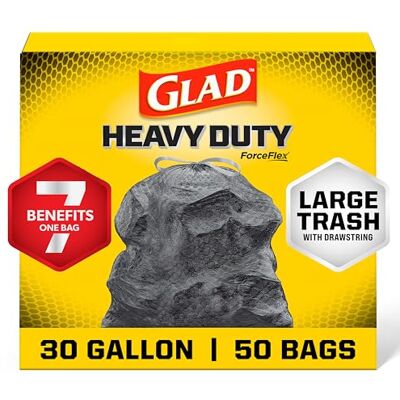 Glad ForceFlex Extra Strong Outdoor Drawstring Large Trash Bags, 30 Gallon, 50 Count by Glad ForceFlex Extra Strong Outdoor Drawstring Large Trash Bags, 30 Gallon, 50 Count by