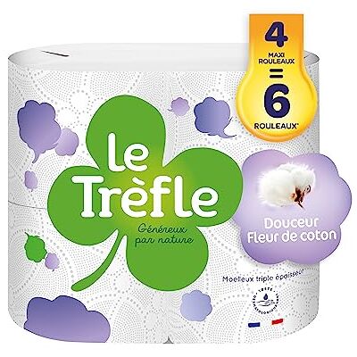 Le Trefle Douceur Fleur de coton – Papel higiénico – 4 rollos máximos = 6 rollos clásicos – Loción con extractos de algodón – Embalaje reciclable – Certificado FSC® Mixto Le Trefle Douceur Fleur de coton – Papel higiénico – 4 rollos máximos = 6 rollos clásicos – Loción con extractos de algodón – Embalaje reciclable – Certificado FSC® Mixto