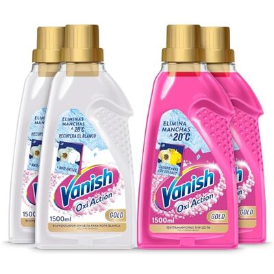 Vanish Oxi Action Gold Multipoder Quitamanchas multibeneficio, blanqueador y potenciador del lavado, para ropa blanca y de color, en gel, sin lejía 4 x 1500 ml (6000 ml) Vanish Oxi Action Gold Multipoder Quitamanchas multibeneficio, blanqueador y potenciador del lavado, para ropa blanca y de color, en gel, sin lejía 4 x 1500 ml (6000 ml)