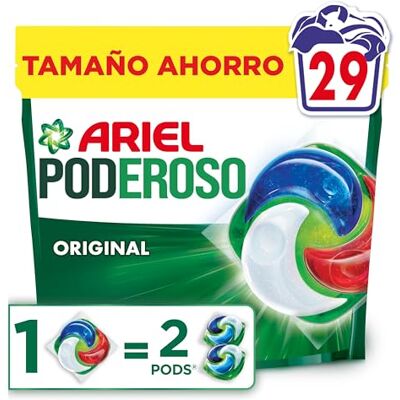 Ariel Pods PODEROSO Detergente lavadora capsulas 29 Lavados Original POD GRANDE = 2 PODS 2X eliminación de manchas y olores Ariel Pods PODEROSO Detergente lavadora capsulas 29 Lavados Original POD GRANDE = 2 PODS 2X eliminación de manchas y olores
