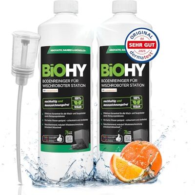 BIOHY Limpiador de suelos para robot de limpieza con aroma a naranja (2 x 1 litro) + dosificador, concentrado de limpieza para todos los robots de limpieza con función húmeda, sin espuma ni rayas BIOHY Limpiador de suelos para robot de limpieza con aroma a naranja (2 x 1 litro) + dosificador, concentrado de limpieza para todos los robots de limpieza con función húmeda, sin espuma ni rayas