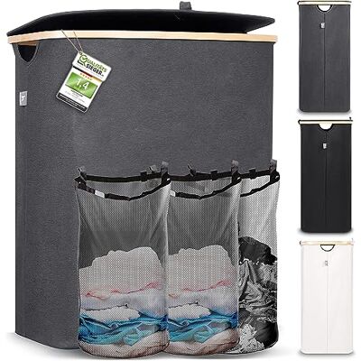 HENNEZ Cesta Ropa Sucia con Tapa Plegable y Bolsas Ropa Extraíble 150 l Gris- Cesto Ropa Sucia Estrecho Grande Bambú 3 compartimentos Cesta para la Colada Laundry Basket HENNEZ Cesta Ropa Sucia con Tapa Plegable y Bolsas Ropa Extraíble 150 l Gris- Cesto Ropa Sucia Estrecho Grande Bambú 3 compartimentos Cesta para la Colada Laundry Basket