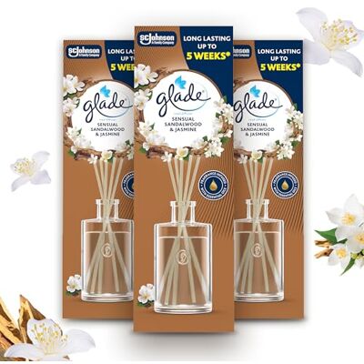 Glade Ambientador Mikado con Varillas Sensual Sandalwood & Jasmine, Dura Hasta 15 Semanas, Con Aceites Esenciales, Pack 3 Difusores 3x50ml Glade Ambientador Mikado con Varillas Sensual Sandalwood & Jasmine, Dura Hasta 15 Semanas, Con Aceites Esenciales, Pack 3 Difusores 3x50ml