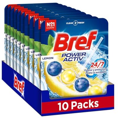 Bref Power Activ Lemon (10 unidades), limpia baño con fórmula 4 en 1, cesta higiénica y protectora para inodoro, con aroma a Limón, limpiador baño antical, 24 h de protección Bref Power Activ Lemon (10 unidades), limpia baño con fórmula 4 en 1, cesta higiénica y protectora para inodoro, con aroma a Limón, limpiador baño antical, 24 h de protección