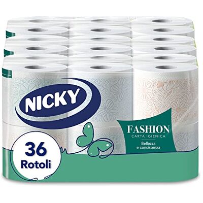 Nicky Fashion Papel higiénico de 4 capas, paquete de 36 rollos (3 x 12 rollos), 165 lágrimas por rollo, resistente decorada y suave en la piel, delicadamente perfumado con talco Nicky Fashion Papel higiénico de 4 capas, paquete de 36 rollos (3 x 12 rollos), 165 lágrimas por rollo, resistente decorada y suave en la piel, delicadamente perfumado con talco