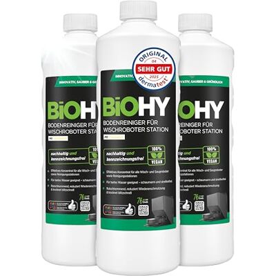 BIOHY Limpiador de suelos para robot de fregado con aroma fresco (3 x 1 litro) detergente concentrado para todos los robots de limpieza con función húmeda sin espuma y sin rayas para todos los BIOHY Limpiador de suelos para robot de fregado con aroma fresco (3 x 1 litro) detergente concentrado para todos los robots de limpieza con función húmeda sin espuma y sin rayas para todos los