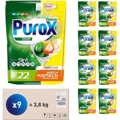 Clovin Purox PUROX UNIVERSAL Detergente Lavadora Cápsulas (22 Lavados x9) – para todo tipo de tejidos, elimina manchas, protege colores, totalmente enjuagable, ecológico, Doypack Multipack 9 Unidades Clovin Purox PUROX UNIVERSAL Detergente Lavadora Cápsulas (22 Lavados x9) – para todo tipo de tejidos, elimina manchas, protege colores, totalmente enjuagable, ecológico, Doypack Multipack 9 Unidades
