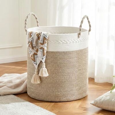 COSYLAND Cesto de Ropa Sucia de Cuerda de Algodón D40 x H40 cm – Cesta para la Ropa Sucia con Asas – Cesto Plegable para Mantas, Juguetes y Lavandería – Blanco Crema y Beige COSYLAND Cesto de Ropa Sucia de Cuerda de Algodón D40 x H40 cm – Cesta para la Ropa Sucia con Asas – Cesto Plegable para Mantas, Juguetes y Lavandería – Blanco Crema y Beige