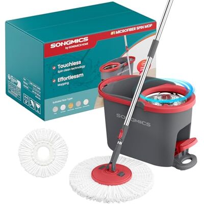 SONGMICS Juego de Fregona y Cubo, Escurridor Giratorio, Fregona, Pedal, Mango Telescópico de 122,5 a 150 cm, Cabezal Giratorio de 360°, 1 Paño de Microfibra, Gris y Rojo SONGMICS Juego de Fregona y Cubo, Escurridor Giratorio, Fregona, Pedal, Mango Telescópico de 122,5 a 150 cm, Cabezal Giratorio de 360°, 1 Paño de Microfibra, Gris y Rojo