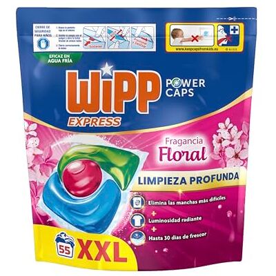 Wipp Express Power Caps Detergente Floral en Cápsulas para Lavadora, 55 Dosis, Limpieza Profunda, Eficaz en Agua Fría Wipp Express Power Caps Detergente Floral en Cápsulas para Lavadora, 55 Dosis, Limpieza Profunda, Eficaz en Agua Fría