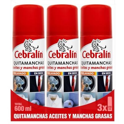 Cebralín Quitamanchas en Aerosol para Manchas de Aceite y Grasas en Textiles, Uso en Seco y Prelavado, Apto para Tejidos No Lavables Pack de 3 x 200 ml = 600 ml Cebralín Quitamanchas en Aerosol para Manchas de Aceite y Grasas en Textiles, Uso en Seco y Prelavado, Apto para Tejidos No Lavables Pack de 3 x 200 ml = 600 ml