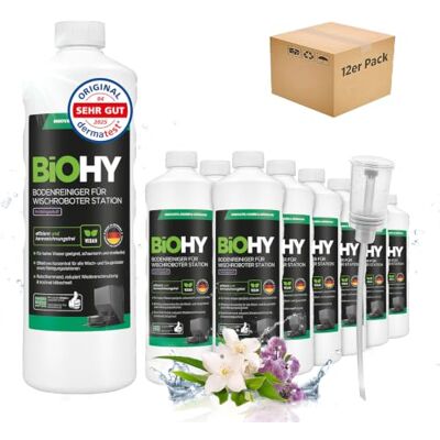 BIOHY Limpiador de suelos para robot limpiador estación con aroma primaveral (12 x 1 litro) + dosificador, detergente concentrado para todos los robots limpiadores y aspiradores con función húmeda, BIOHY Limpiador de suelos para robot limpiador estación con aroma primaveral (12 x 1 litro) + dosificador, detergente concentrado para todos los robots limpiadores y aspiradores con función húmeda,