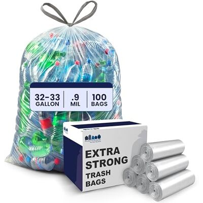 Plasticplace Bolsas de reciclaje de 32 a 33 galones, 0.8 mil, forro transparente con cordón, 33 x 38 pulgadas (100 unidades) Plasticplace Bolsas de reciclaje de 32 a 33 galones, 0.8 mil, forro transparente con cordón, 33 x 38 pulgadas (100 unidades)