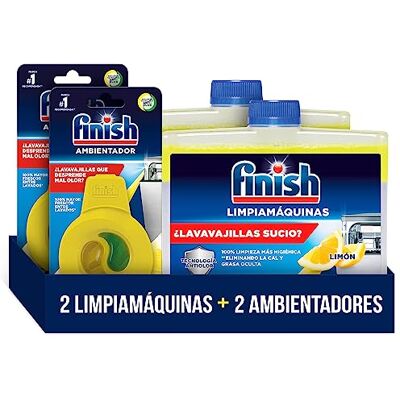 Finish Limpiamáquinas para Lavavajillas, Limpiador Líquido 2 Unidades + Ambientador para Lavavajillas, 2 Unidades, Aroma Limón Finish Limpiamáquinas para Lavavajillas, Limpiador Líquido 2 Unidades + Ambientador para Lavavajillas, 2 Unidades, Aroma Limón