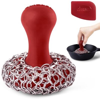 Cuisinel Limpiador de Malla de Hierro Fundido + raspador de sartenes, Limpiador ergonómico de Acero Inoxidable y Silicona para ollas y sartenes, diseño Seguro para Alimentos, fácil de Limpiar, Apto para Cuisinel Limpiador de Malla de Hierro Fundido + raspador de sartenes, Limpiador ergonómico de Acero Inoxidable y Silicona para ollas y sartenes, diseño Seguro para Alimentos, fácil de Limpiar, Apto para