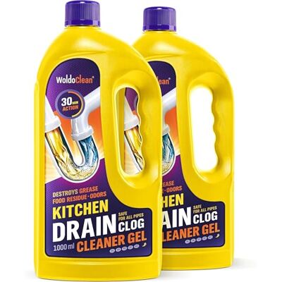 WoldoClean Gel Desatascador Tuberías Profesional Fregadero Cocina 2x 1 L Limpiador de desagües para pila doble, fórmula densa contra grasa, restos de comida, posos de café, malos olores, 4 usos WoldoClean Gel Desatascador Tuberías Profesional Fregadero Cocina 2x 1 L Limpiador de desagües para pila doble, fórmula densa contra grasa, restos de comida, posos de café, malos olores, 4 usos