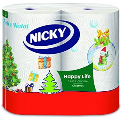 Nicky Happy Life Christmas Papel de 2 capas para cocina, 24 rollos de 100 lágrimas, fácil apertura, 4 decoraciones navideñas diferentes, duradero y absorbente, papel FSC Nicky Happy Life Christmas Papel de 2 capas para cocina, 24 rollos de 100 lágrimas, fácil apertura, 4 decoraciones navideñas diferentes, duradero y absorbente, papel FSC