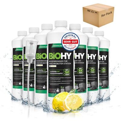 BIOHY Limpiador de Suelos para Robot de Limpieza con Aroma Fresco (9 x 1 Litro) + Dosificador, Concentrado de Limpieza para Todos los Robots con Función Húmeda, Sin Espuma ni Rayas BIOHY Limpiador de Suelos para Robot de Limpieza con Aroma Fresco (9 x 1 Litro) + Dosificador, Concentrado de Limpieza para Todos los Robots con Función Húmeda, Sin Espuma ni Rayas
