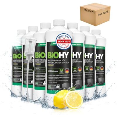 BIOHY Limpiador de Suelos para Robot de Limpieza con Aroma Fresco (9 x 1 Litro) + Dosificador, Concentrado de Limpieza para Todos los Robots con Función Húmeda, Sin Espuma ni Rayas BIOHY Limpiador de Suelos para Robot de Limpieza con Aroma Fresco (9 x 1 Litro) + Dosificador, Concentrado de Limpieza para Todos los Robots con Función Húmeda, Sin Espuma ni Rayas