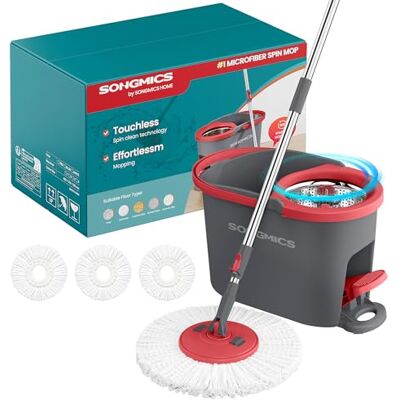 SONGMICS Juego de Fregona y Cubo, Escurridor Giratorio, Fregona, Pedal, Mango Telescópico de 122,5 a 150 cm, Cabezal Giratorio de 360°, 3 Paño de Microfibra, Gris y Rojo SONGMICS Juego de Fregona y Cubo, Escurridor Giratorio, Fregona, Pedal, Mango Telescópico de 122,5 a 150 cm, Cabezal Giratorio de 360°, 3 Paño de Microfibra, Gris y Rojo