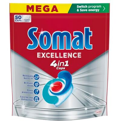 Somat Excellence 4 en 1 Pastillas (1 x 50 tabs), detergente lavavajillas que elimina los residuos quemados, pastillas lavavajillas con brillo excelente, jabón para vajilla Somat Excellence 4 en 1 Pastillas (1 x 50 tabs), detergente lavavajillas que elimina los residuos quemados, pastillas lavavajillas con brillo excelente, jabón para vajilla