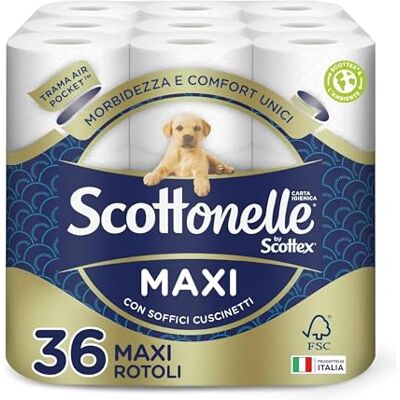 Scottonelle Papel higiénico, suave y duradero, dermatológicamente probado, 36 rollos maxi Scottonelle Papel higiénico, suave y duradero, dermatológicamente probado, 36 rollos maxi