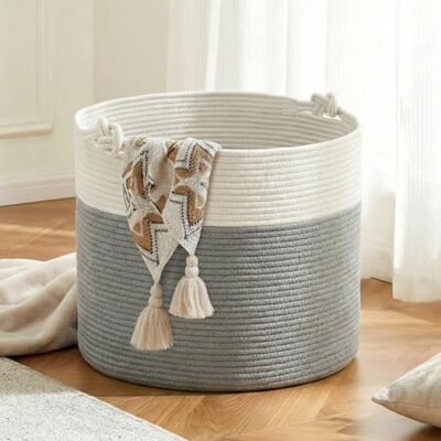 COSYLAND Cesto de Ropa Sucia de Cuerda de Algodón D50 x H35 cm – Cesta para la Ropa Sucia con Asas – Cesto Plegable para Mantas, Juguetes y Lavandería – Blanco Crema y Gris Claro COSYLAND Cesto de Ropa Sucia de Cuerda de Algodón D50 x H35 cm – Cesta para la Ropa Sucia con Asas – Cesto Plegable para Mantas, Juguetes y Lavandería – Blanco Crema y Gris Claro