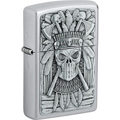 Zippo Sturmfeuerzeug Indian Skull, Satin Chrome, Emblem Nachfüllbar Wiederverwendbar Windfestes Design Geschenkbox Made in USA Zippo Sturmfeuerzeug Indian Skull, Satin Chrome, Emblem Nachfüllbar Wiederverwendbar Windfestes Design Geschenkbox Made in USA
